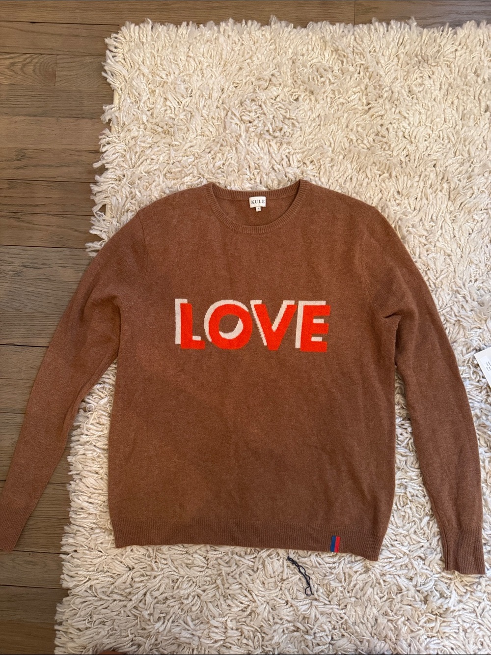KULE Brown Crewneck Sweater with Red and Cream "LOVE" Graphic